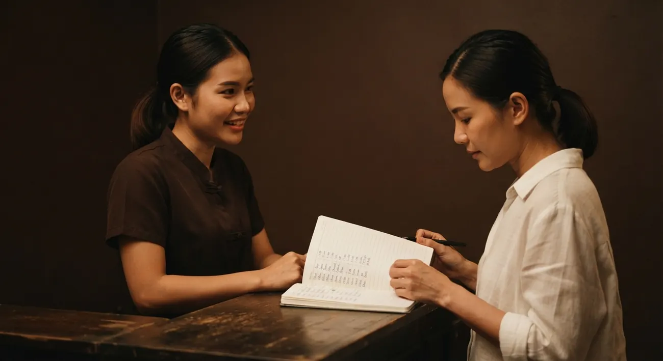 หมอนวดยิ้มถามเจ้าของร้านที่กำลังเปิดสมุดดูยอด