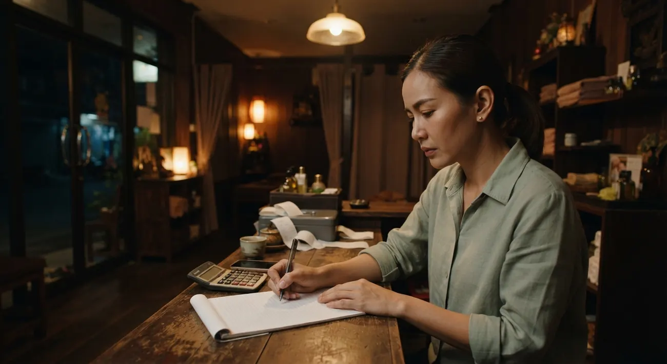 เจ้าของร้านนั่งรวมยอดด้วยเครื่องคิดเลขและกระดาษหลังปิดร้าน